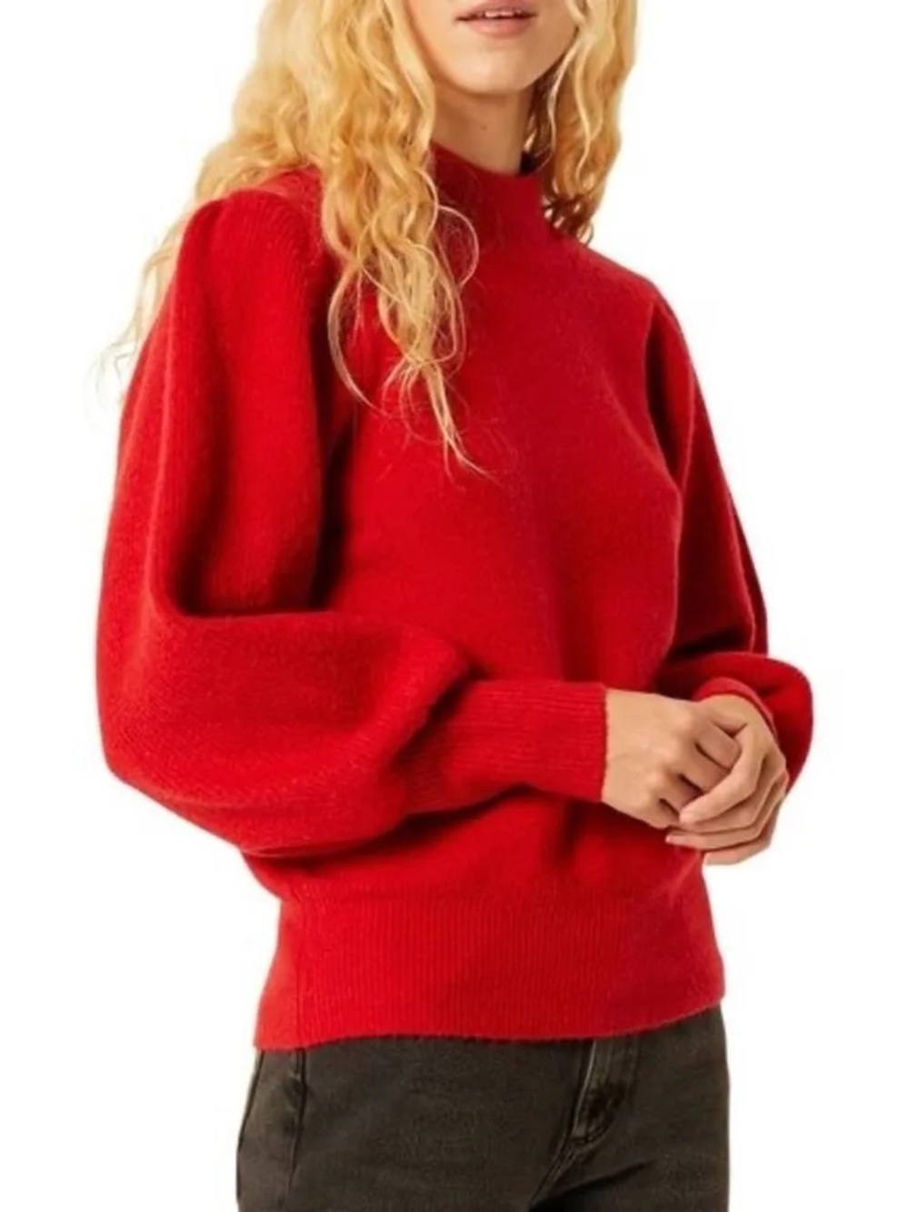 French Connection Sofia Balloon Sleeve Mock Neck Ribbed Knit Sweater Red Small